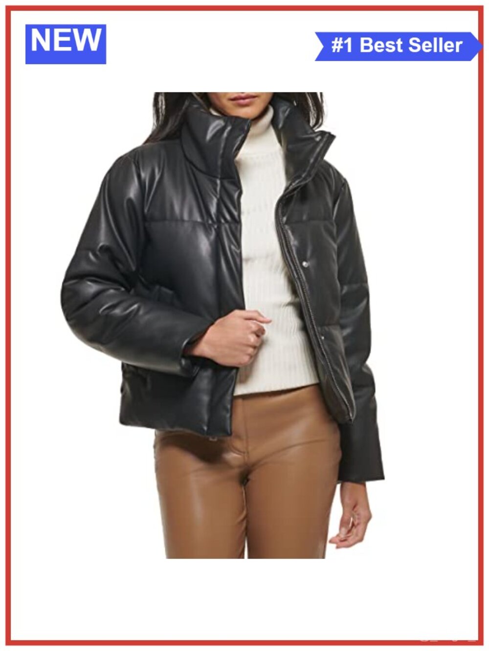 Vegan Leather Quilted Short Puffer Coat Water-Resistant Cropped
